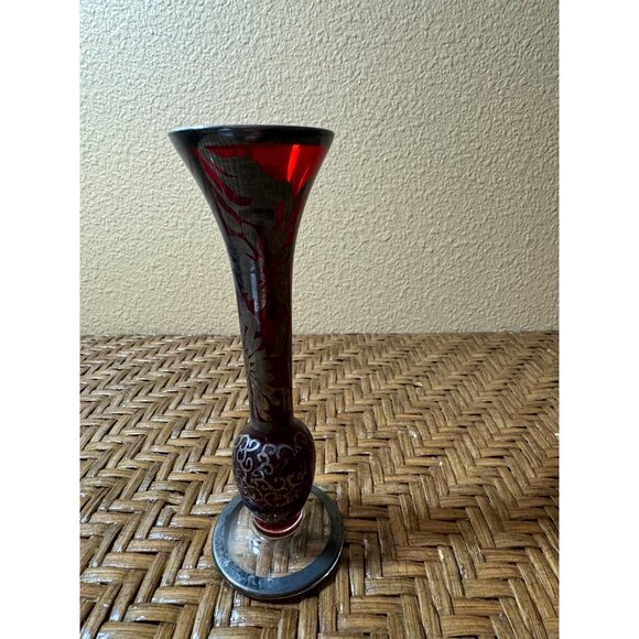 Vintage Bohemian Ruby Red Glass Vase Silver Overlay Floral Design Clear Base - Picture 2 of 9